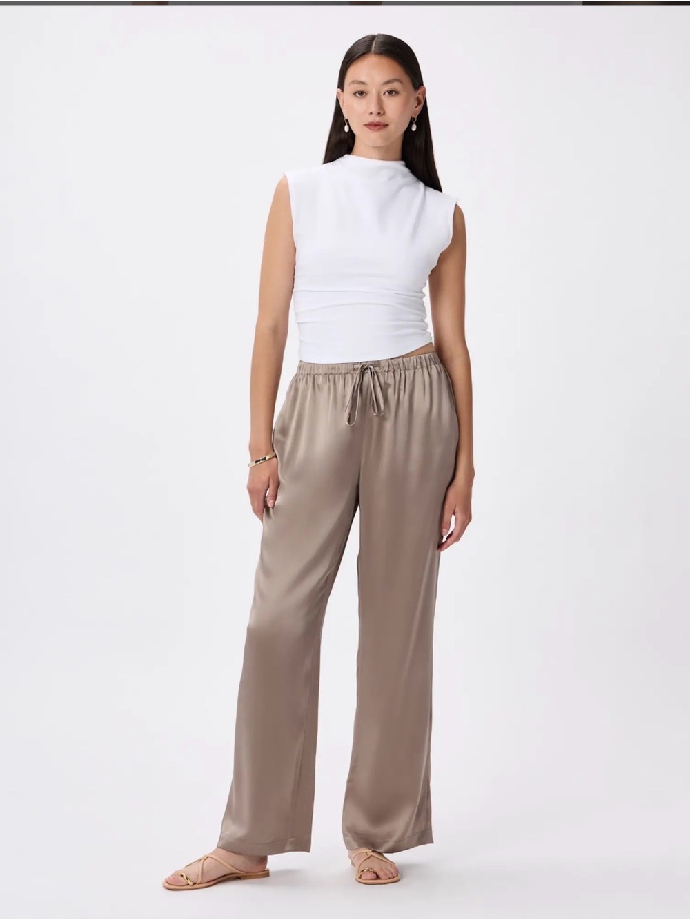 Quince 100% Washable Silk Drawstring Wide Leg Pants Champagne S
